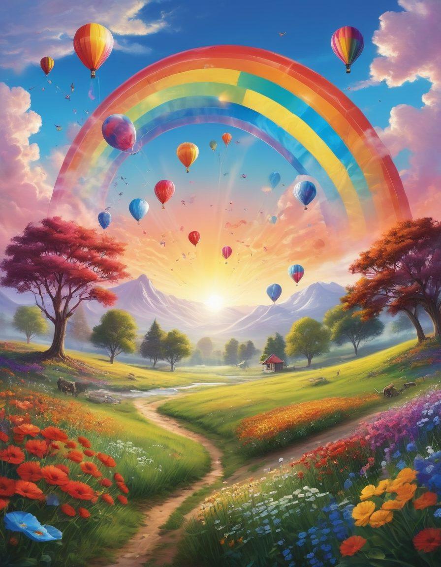 A vibrant, whimsical landscape filled with colorful balloons floating in the sky, playful animals engaging in fun activities, and a sparkling rainbow arching over a serene meadow. Include elements of joy like children laughing and flowers in bloom, all radiating cheer. The setting should evoke a sense of wonder, inviting viewers to embrace playfulness in their lives. super-realistic. vibrant colors. bright background.