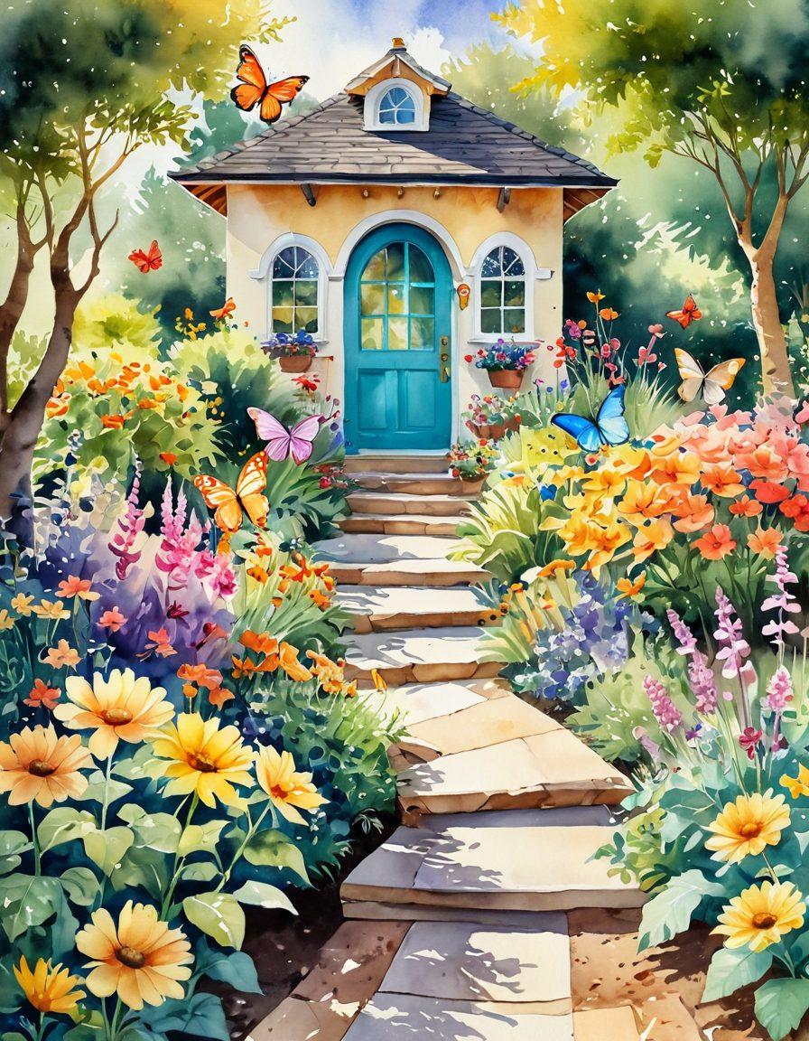 A vibrant scene depicting a colorful, whimsical garden filled with oversized flowers, playful butterflies, and winding pathways leading to a cozy reading nook; a radiant sun shines above, casting warm, golden light. The setting is lively and enchanting, inviting viewers to embrace joy and curiosity in life. watercolor illustration. vibrant colors. dreamy atmosphere.