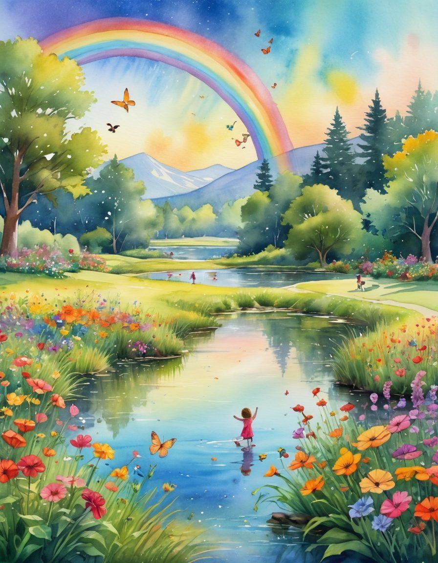 A whimsical landscape featuring a bright, sunlit meadow filled with colorful flowers and joyful characters, such as children laughing and dancing, playful animals, and vibrant butterflies fluttering around. In the background, a radiant rainbow arcs over a serene pond reflecting the joyful scene. The overall atmosphere exudes happiness, freedom, and a sense of wonder. watercolor painting. vibrant colors. dreamy and imaginative.